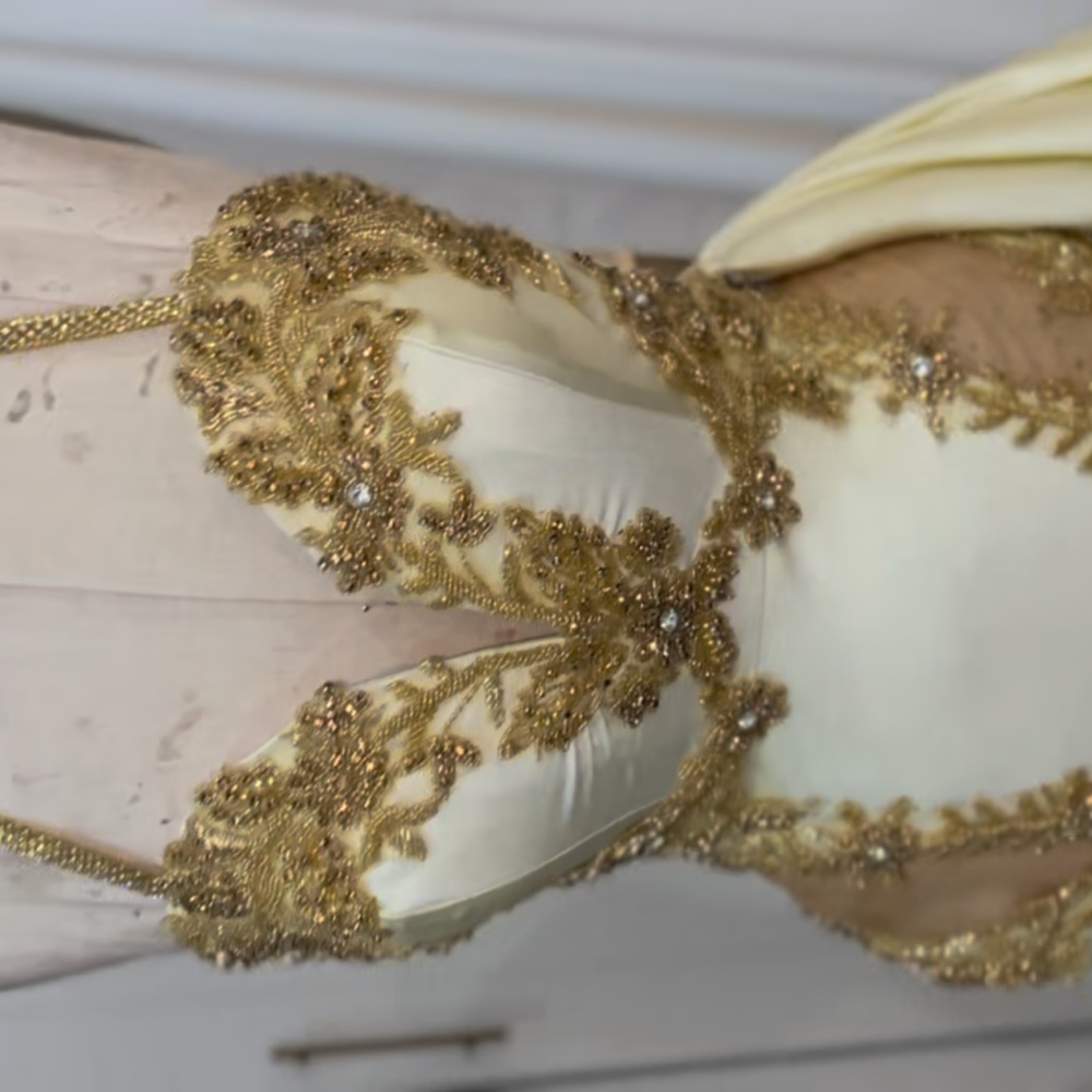 Elegant Gold Embellished Cream Dress